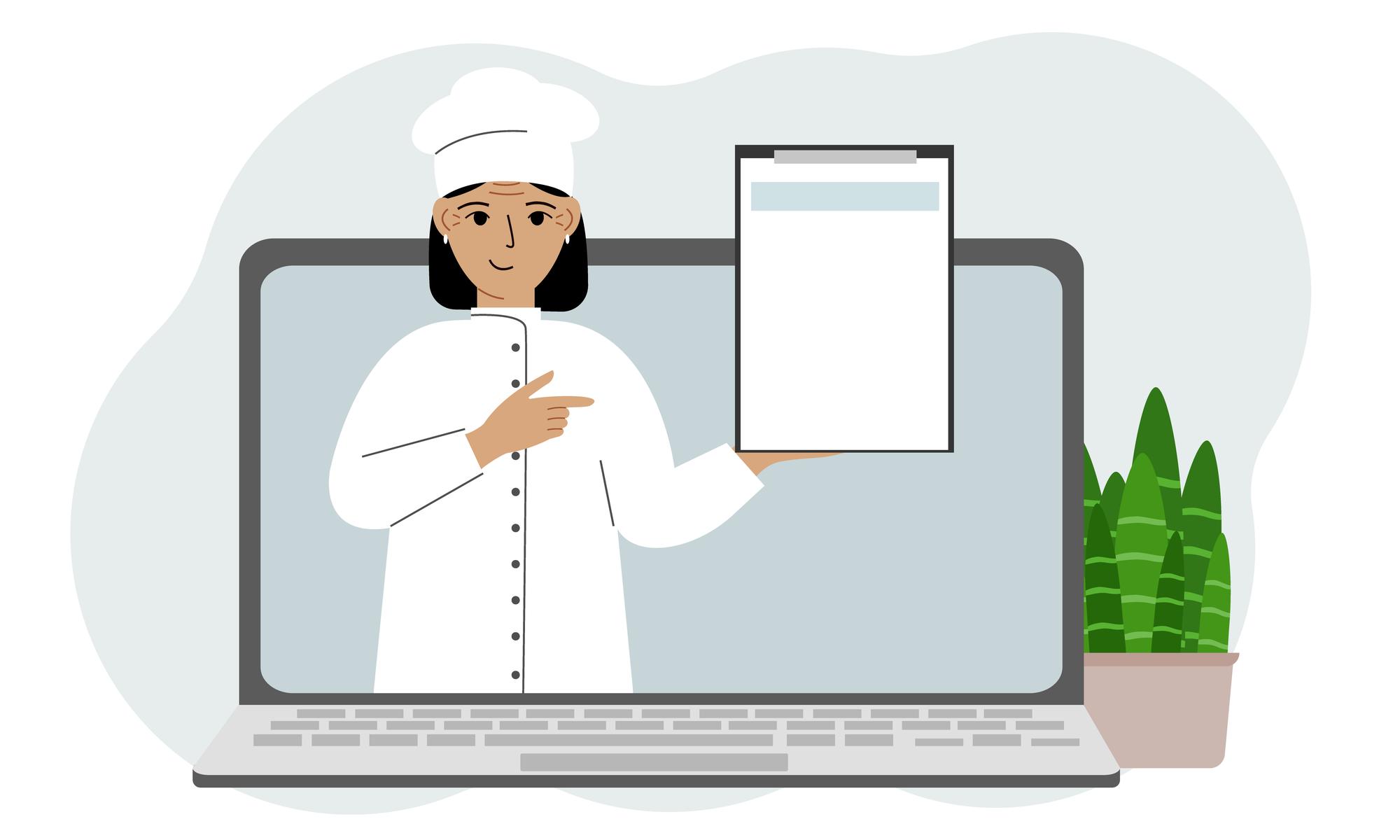 Chef con laptop che spiega una tecnica di taglio