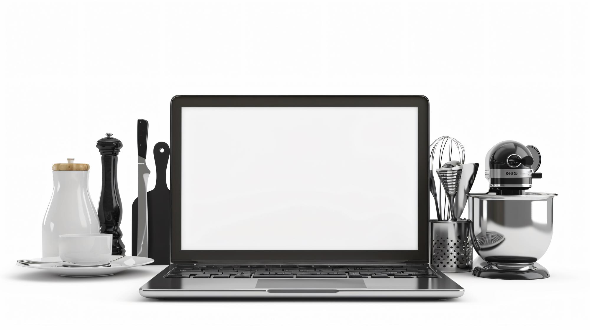 Tavolo con strumenti di cucina e laptop per lezioni online